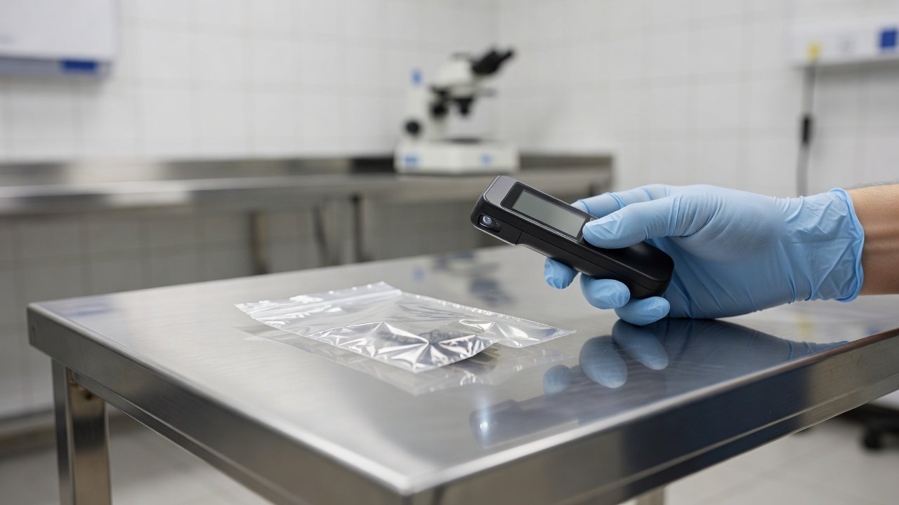 Gloved hand holding a handheld scanning device near a sealed evidence bag on a table